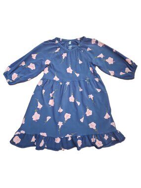 Tea Collection Ruffle Hem Blue Girls Dress Pink Flora de Inca Size 5 Years